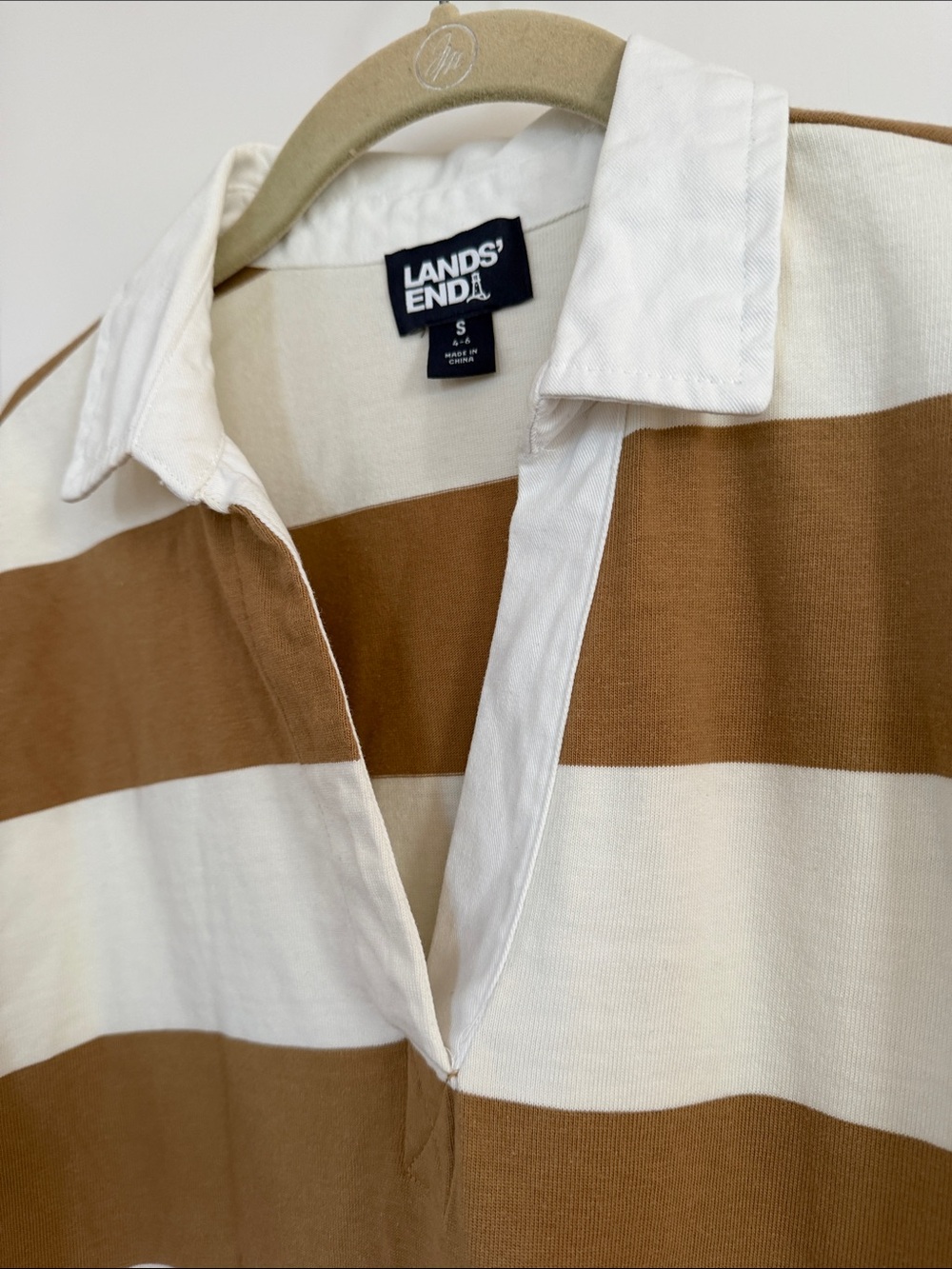 Lands' End Wide-Stripe Rugby Pullover in Cream and Brown - Picture 3 of 6